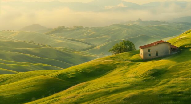 Desktop Wallpaper HD 1080p with a peaceful countryside scene with rolling hills and a rustic farmhouse.