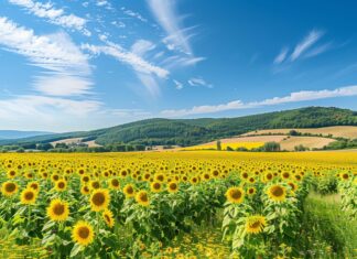 Desktop Wallpaper HD 4K with a peaceful sunflower field under a bright blue sky.