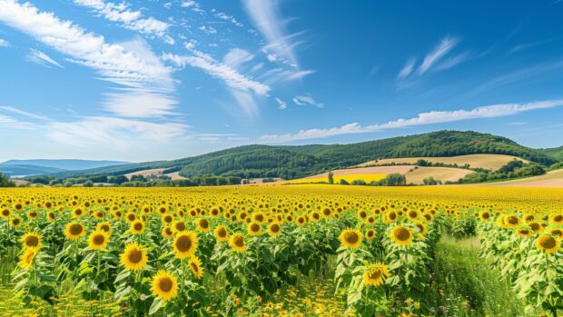 Desktop Wallpaper HD 4K with a peaceful sunflower field under a bright blue sky.