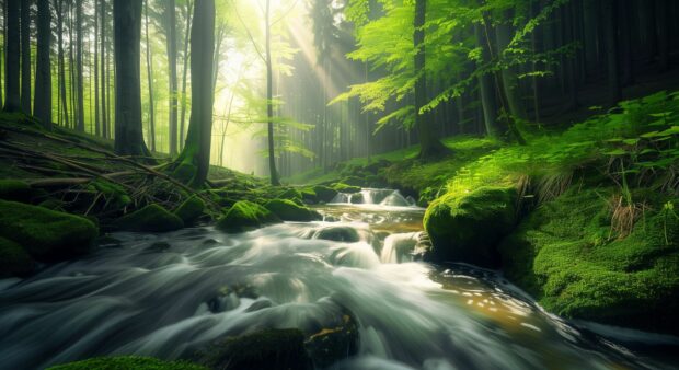 Desktop Wallpaper HD with a lush green forest with a flowing river and sunlight filtering through the trees.