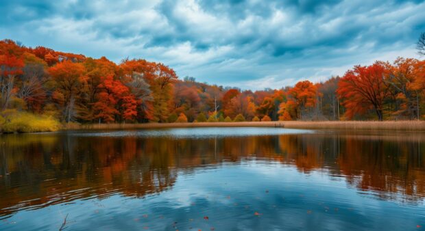 Desktop Wallpaper with a calm lake surrounded by autumn foliage with reflections in the water.