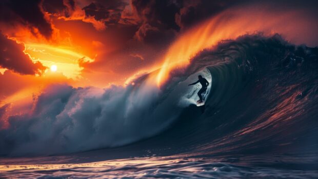 Desktop background with Surfers riding powerful ocean waves at sunset.