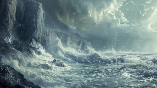 Desktop background with a dramatic ocean scene with waves crashing against rocky cliffs.