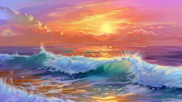 Desktop background with a peaceful ocean with a colorful sunset and soft waves.