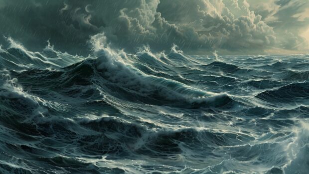 Desktop background with a rough ocean with towering waves and a stormy sky.