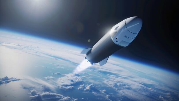 Desktop wallpaper HD with a SpaceX Starship prototype soaring through the atmosphere during a test flight, with clouds and the curvature of Earth in the background.