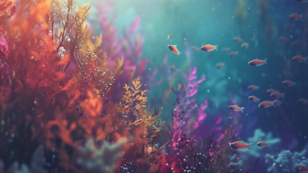 Desktop wallpaper with underwater ocean landscape with vibrant sea plants and fish.