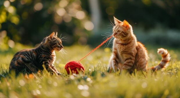 Double cats playing with a ball of yarn, Cute HD background.