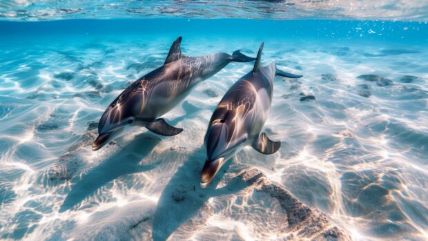 Dolphins playing in the clear blue underwater ocean waters.