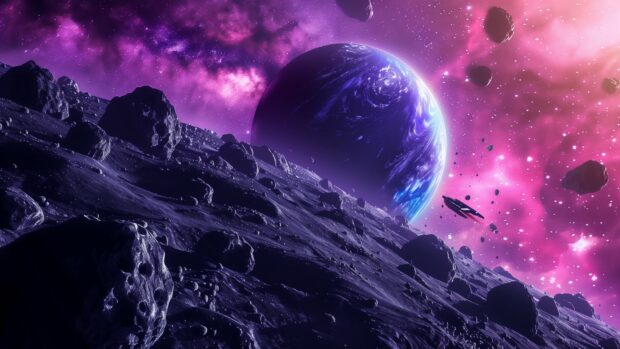 Download Cool Anime Space 1080p background with An anime style asteroid field with a spaceship navigating through, dynamic and colorful with distant galaxies.