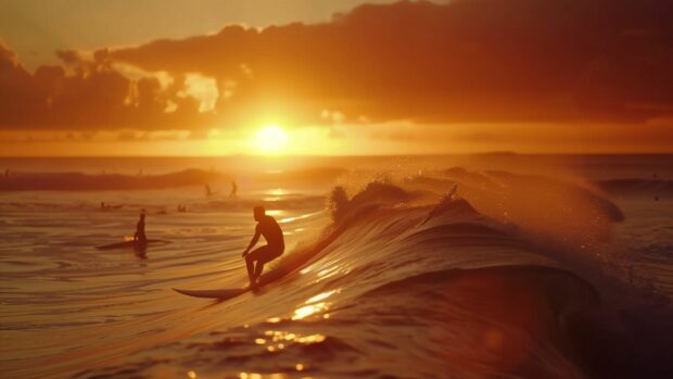 Download Free Ocean Waves wallpaper with surfers riding powerful ocean waves at sunset.