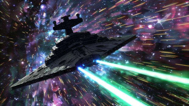 Download Star Wars desktop HD wallpaper with an epic scene of a Star Destroyer emerging from hyperspace, with stars and the colorful trails of its jump in the background.