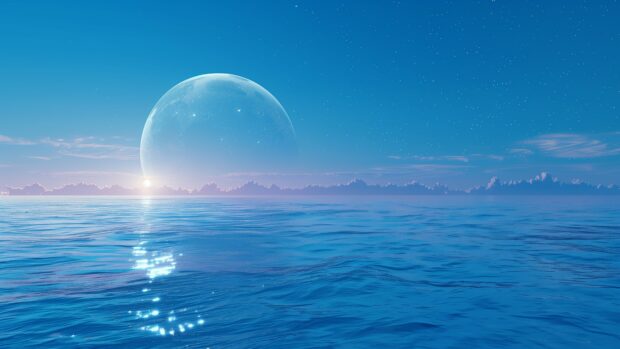 Download free Blue Space 4K background with a tranquil scene of a blue moon rising over an alien ocean, with stars reflecting off the water surface and a blue hued sky.