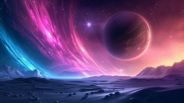 Download free Space desktop background with a beautiful aurora borealis on a distant icy planet, illuminating the alien sky with vibrant colors.