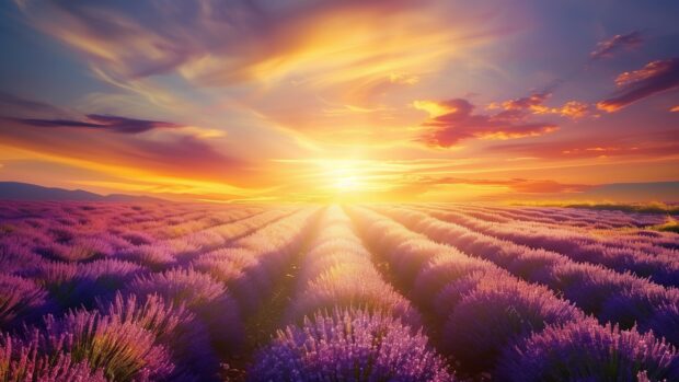 Download free nature wallpaper HD with Lavender field under a golden sunset, vibrant purple flowers, tranquil scene.