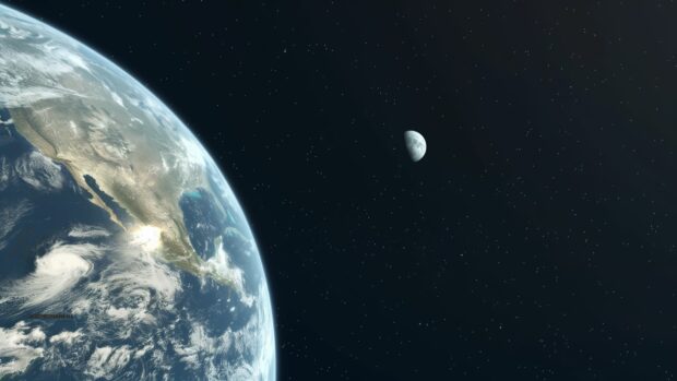 Earth from space wallpaper Full HD with a clear view of continents and the moon in the background.