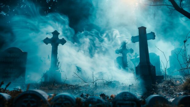 Eerie Halloween graveyard with fog swirling around tombstones, Halloween Desktop Wallpaper.