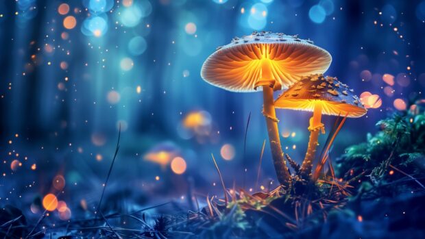 Enchanted forest 4K OLED Desktop Background with mystical glowing mushrooms, twilight, magical atmosphere.