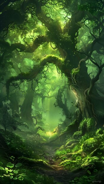 Enchanted forest with ancient towering trees, dappled sunlight, and mystical ambiance, Aesthetic Nature HD Background.