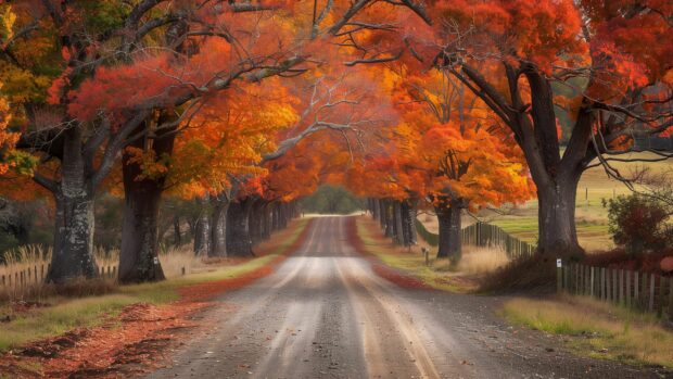 Fal background features a quiet country road lined with autumn trees.