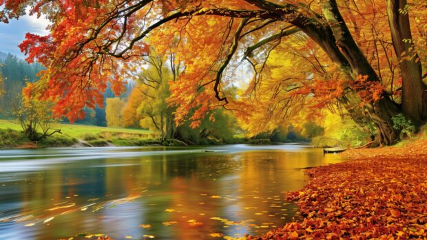 Fall 4K Wallpaper with a serene riverbank in autumn, with colorful trees reflected in the water.