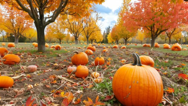 Fall 4K background with a pumpkin patch in autumn, with rows of pumpkins and colorful trees in the background.