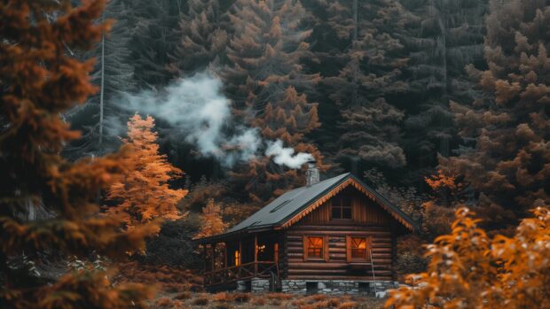 Fall 4K background with a rustic cabin surrounded by autumn trees, smoke rising from the chimney.