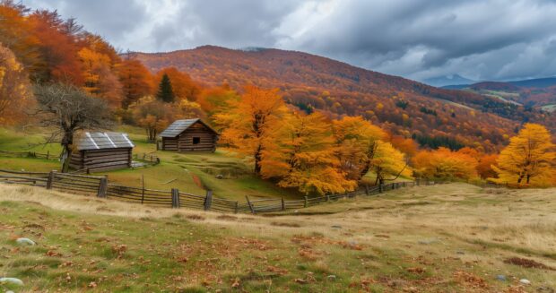 Fall 4K desktop background with a scenic mountain landscape in fall, high quality photography.