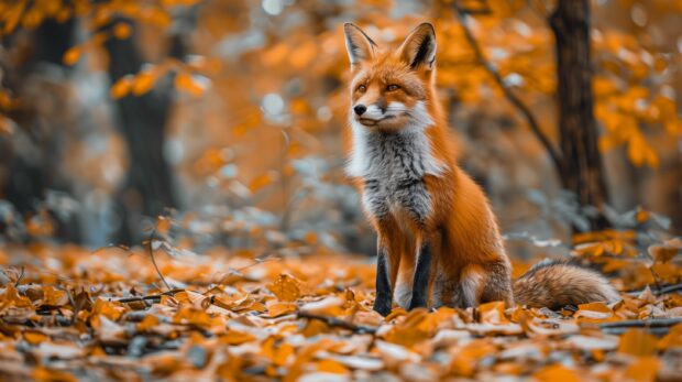 Fall Desktop HD Wallpaper 2K with a fox in a forest with a backdrop of autumn leaves.