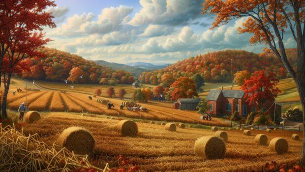 Fall Desktop Wallpaper 2K with a bountiful harvest scene with fields of crops, hay bales, and farm workers during fall.