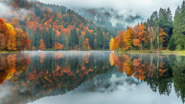 Fall Desktop Wallpaper HD with a tranquil lake reflecting colorful fall foliage.