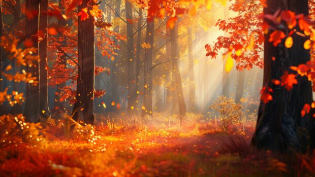Fall Desktop Wallpaper with a serene forest path covered with vibrant fall leaves, sunlight filtering through the trees.