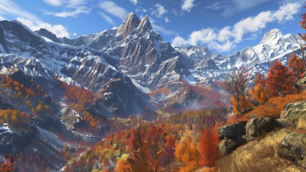 Fall HD Wallpaper for Desktop features a scenic mountain landscape in fall.