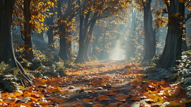 Fall HD background 4K with a serene forest path covered with vibrant fall leaves, sunlight filtering through the trees.