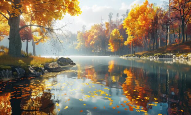 Fall Wallpaper Desktop features a tranquil lake reflecting colorful fall foliage.