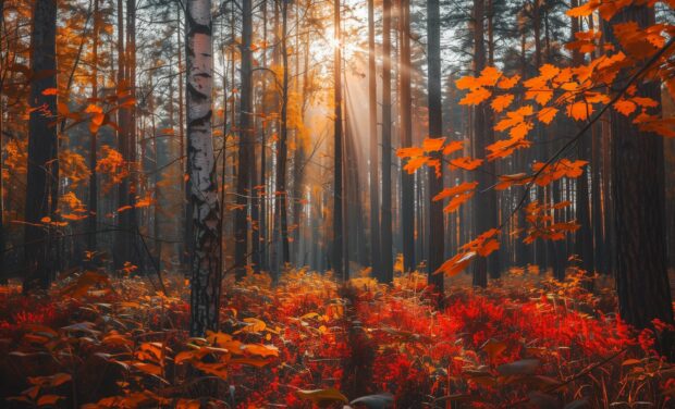 Fall Wallpaper HD for Desktop features Autumn forest with vibrant red, orange, and yellow leaves, sunlight filtering through the trees.