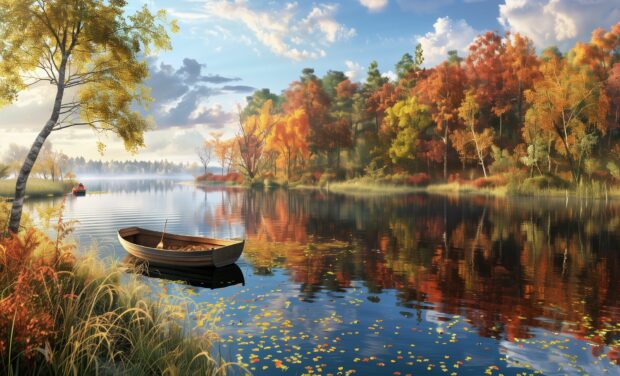 Fall Wallpaper for Desktop features a lake reflecting the fall foliage, with a small boat anchored by the shore.