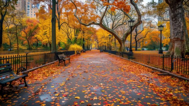 Fall background 4K with a city park in autumn, with benches, pathways, and fall foliage nature.