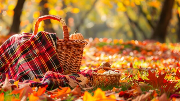 Fall background 4K with a cozy picnic setup in a park during autumn, with a blanket, basket, and vibrant leaves around.