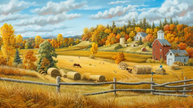 Fall background 4K with a harvest scene with fields of crops, hay bales, and farm workers during autumn.