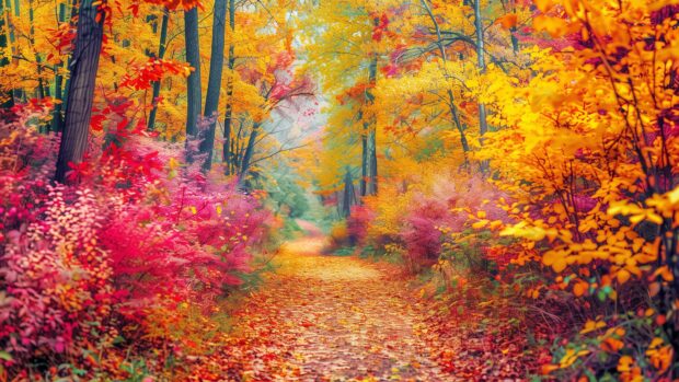 Fall background desktop 4K with a hiking trail through a forest in autumn, leaves crunching underfoot.