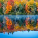 Fall background for desktop with a tranquil lake reflecting colorful fall foliage.