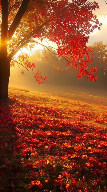 Fall background with with red maple trees, scattered leaves, golden sunlight casting long shadows.