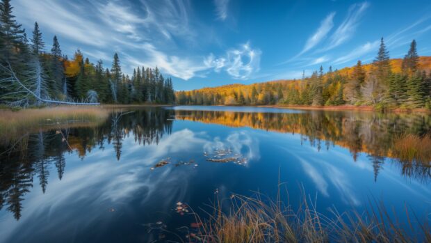 Fall desktop HD wallpaper features a tranquil lake reflecting colorful fall foliage, high quality photography.