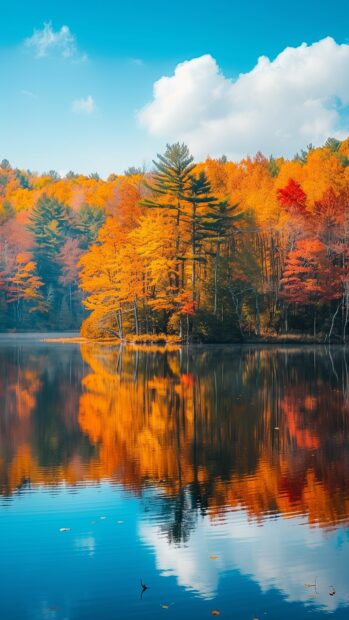 Fall iPhone image with a tranquil lake reflecting colorful fall foliage.