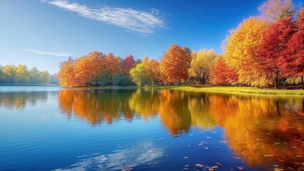 Fall wallpaper 4K with a serene riverbank in autumn, with colorful trees reflected in the water.