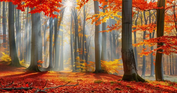 Fall wallpaper 4K with autumn forest with vibrant red, orange, and yellow leaves, sunlight filtering through the trees.