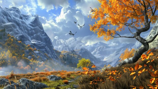 Fall wallpaper HD features a scenic mountain landscape in fall.