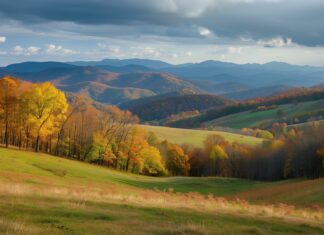 Fall wallpaper features a scenic mountain landscape in fall, high quality photography.