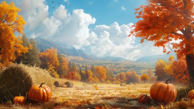 Fall festival scene with hay bales and pumpkins, 2K fall background.